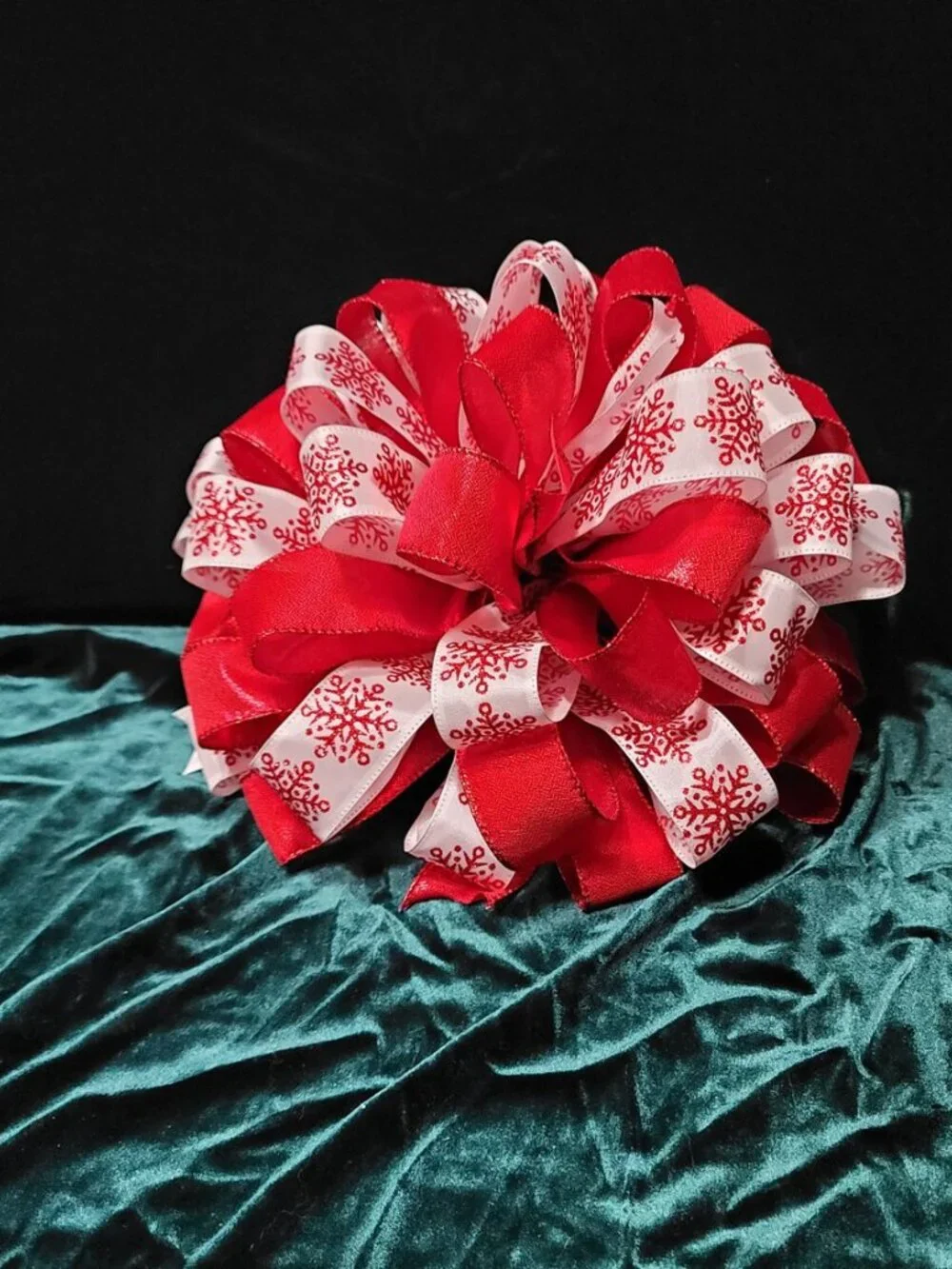 Christmas Tree Bow Topper, Red Snowflake and Red Ribbon Tree Topper 44 Loop Bow